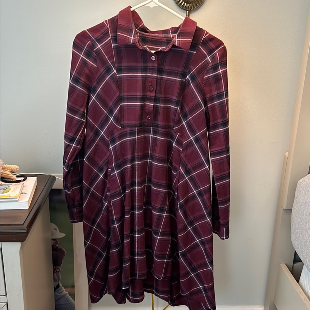 Plaid Burgundy Long-Sleeve Dress
